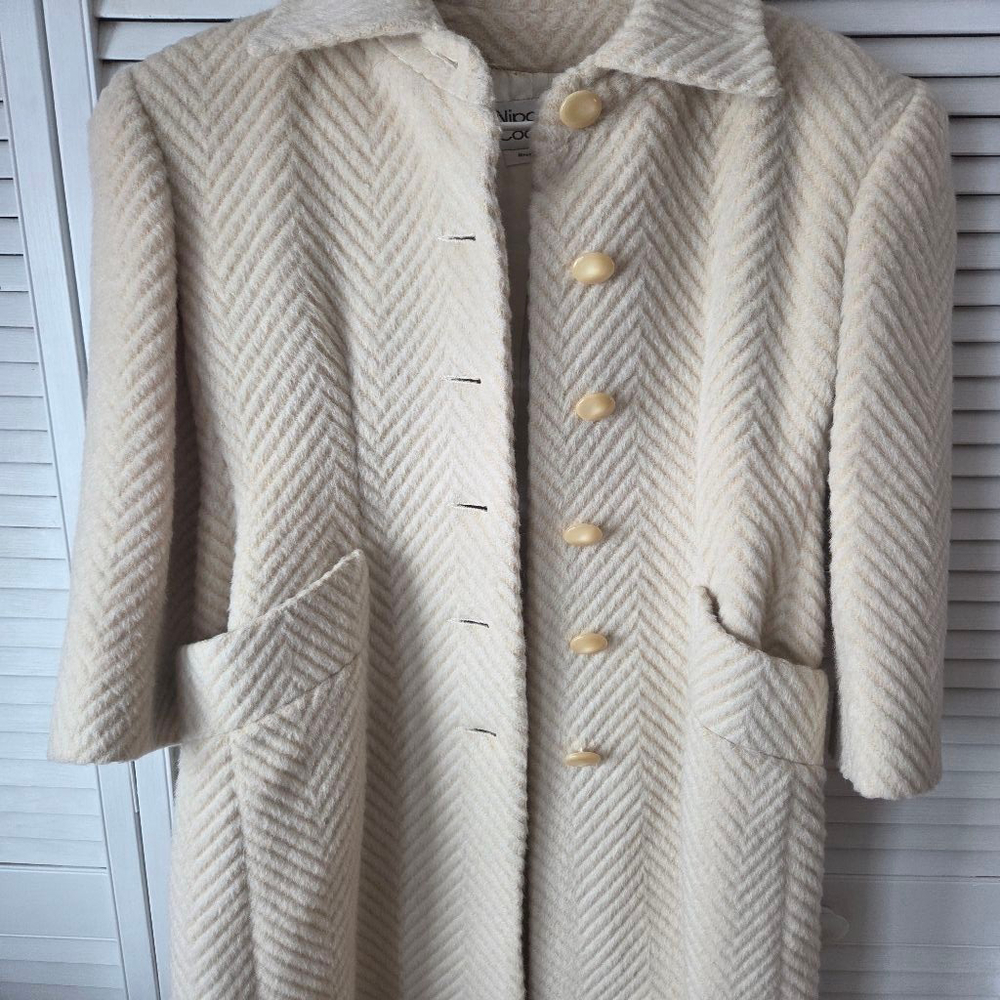 Women's Nipon Couture Cream & Beige Herringbone Llama Wool Coat Size 8 - Picture 5 of 14